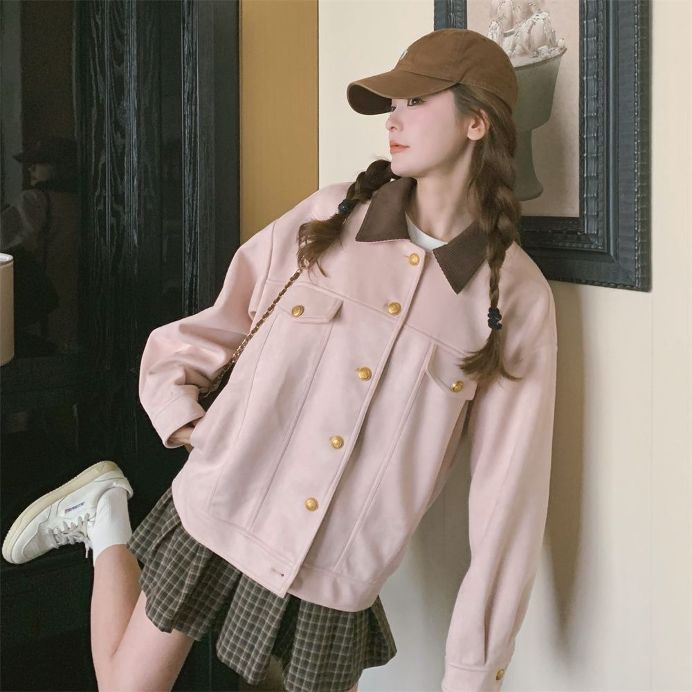 💕韓系甜美溫柔粉色麂皮絨短款休閒夾克外套