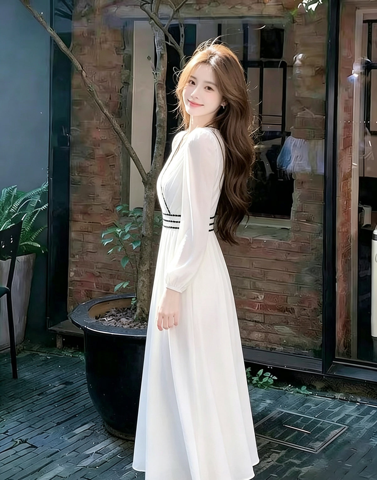 💕法式白色V領長款撞色黑邊收腰連衣裙