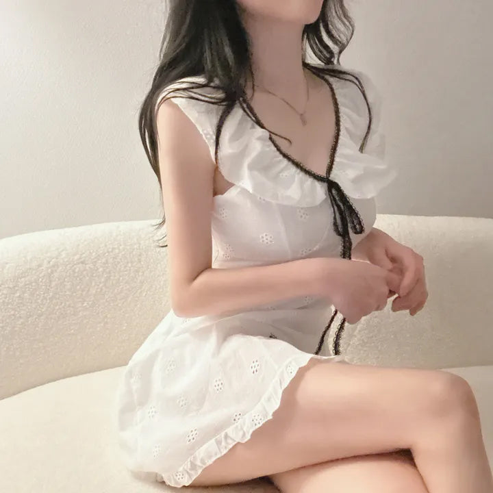 💕chic收腰顯瘦蝴蝶結系繩連衣裙