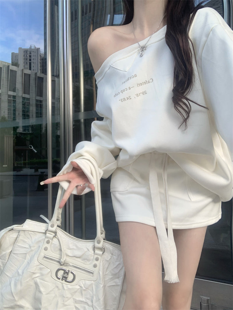 💕休閒簡約百搭一字肩印花長袖衛衣套裝