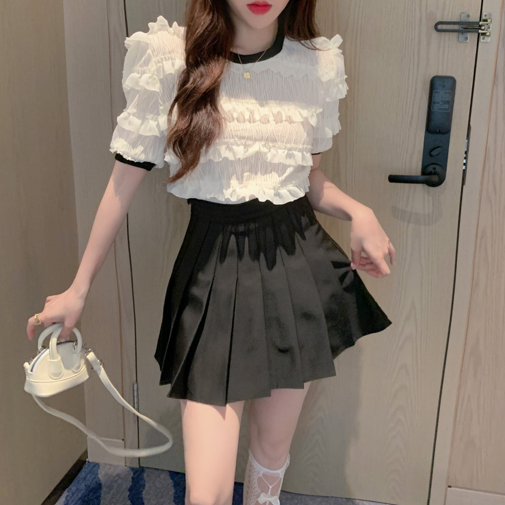 💕法式溫柔可愛木耳邊圓領顯瘦上衣