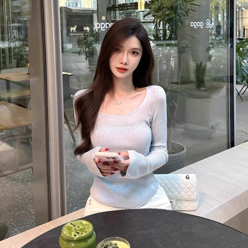 💕韓系性感修身鑲鑽針織打底毛衣
