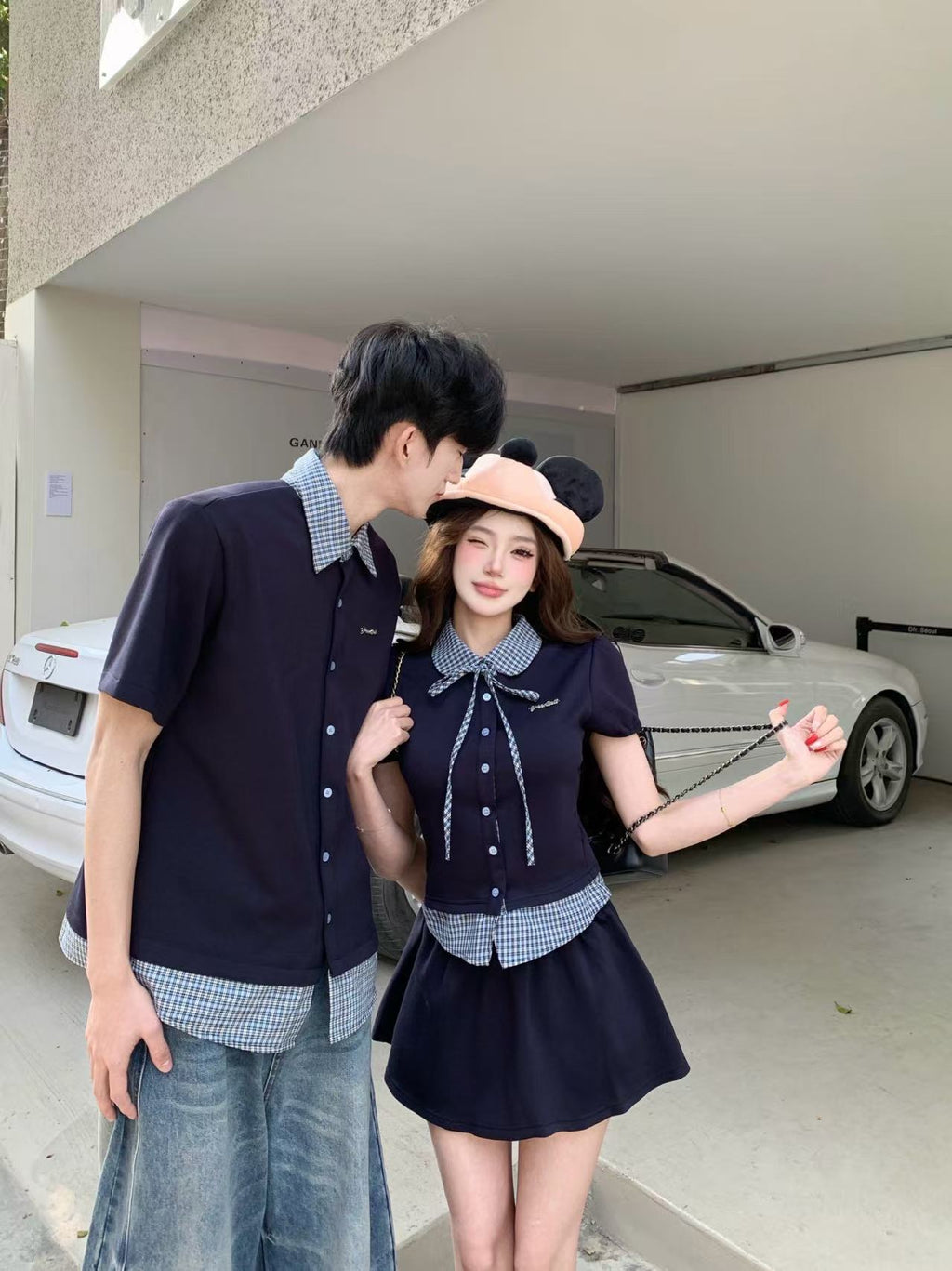 💕韓系學院風假兩件拼接翻領格子襯衫情侶裝