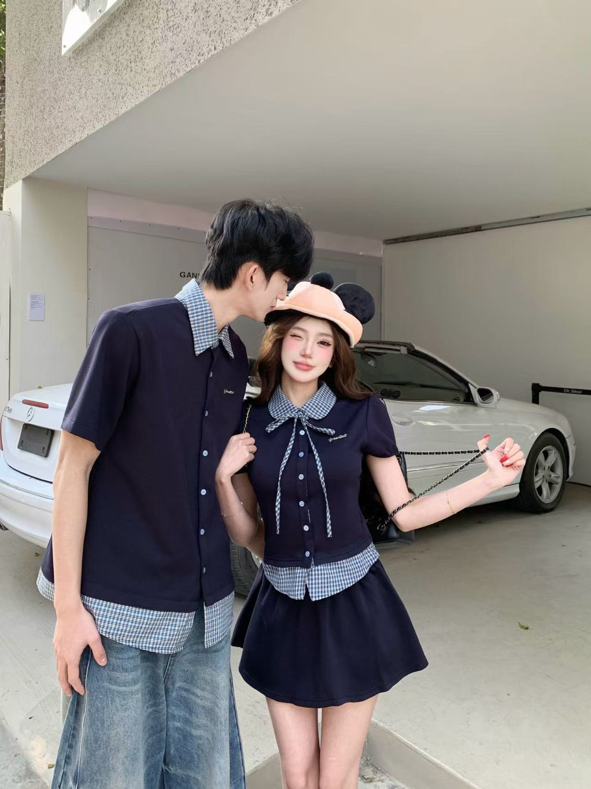 💕韓系學院風假兩件拼接翻領格子襯衫情侶裝