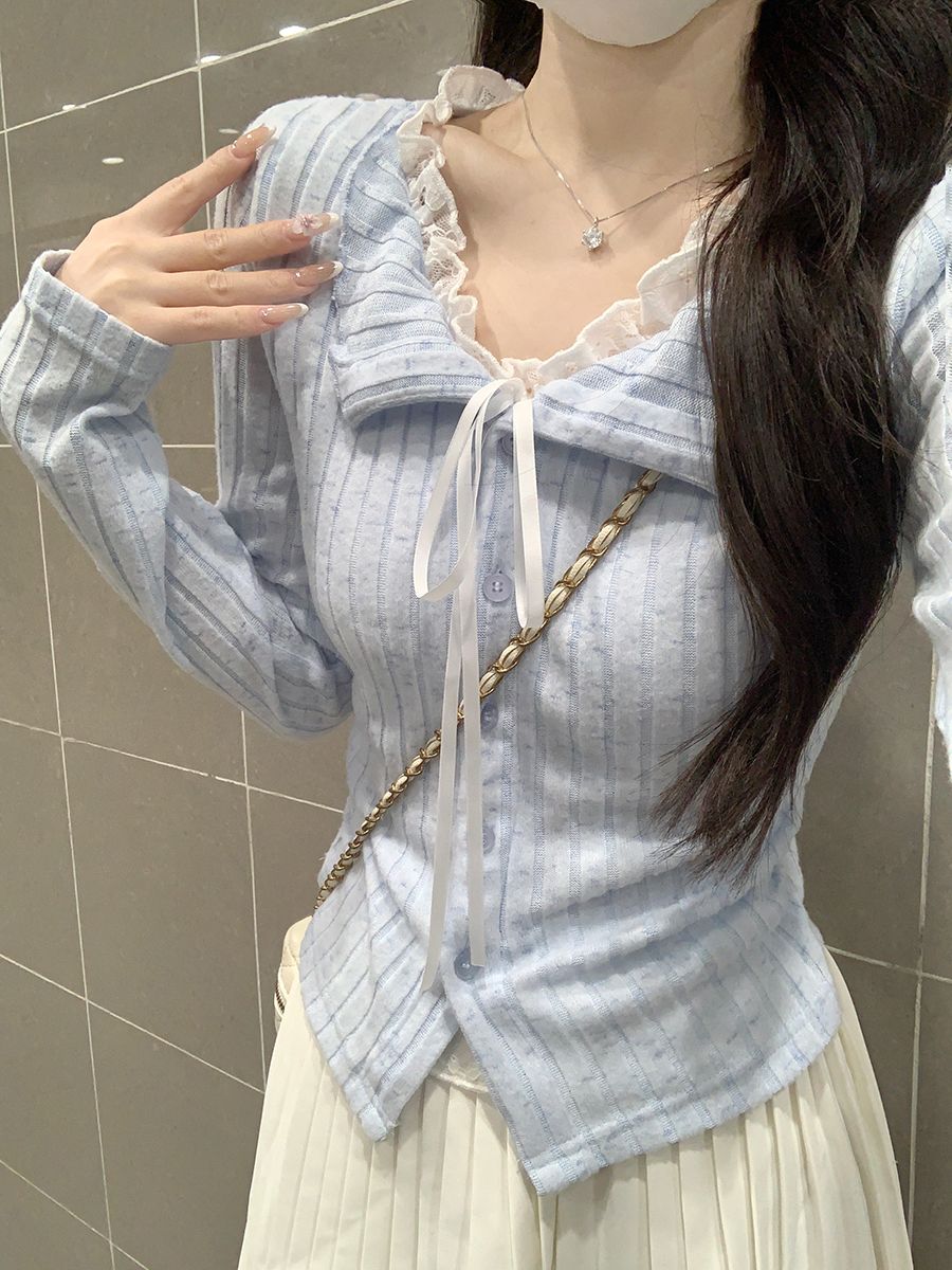 💕溫柔雪花條磨毛純欲藍色蕾絲假兩件上衣