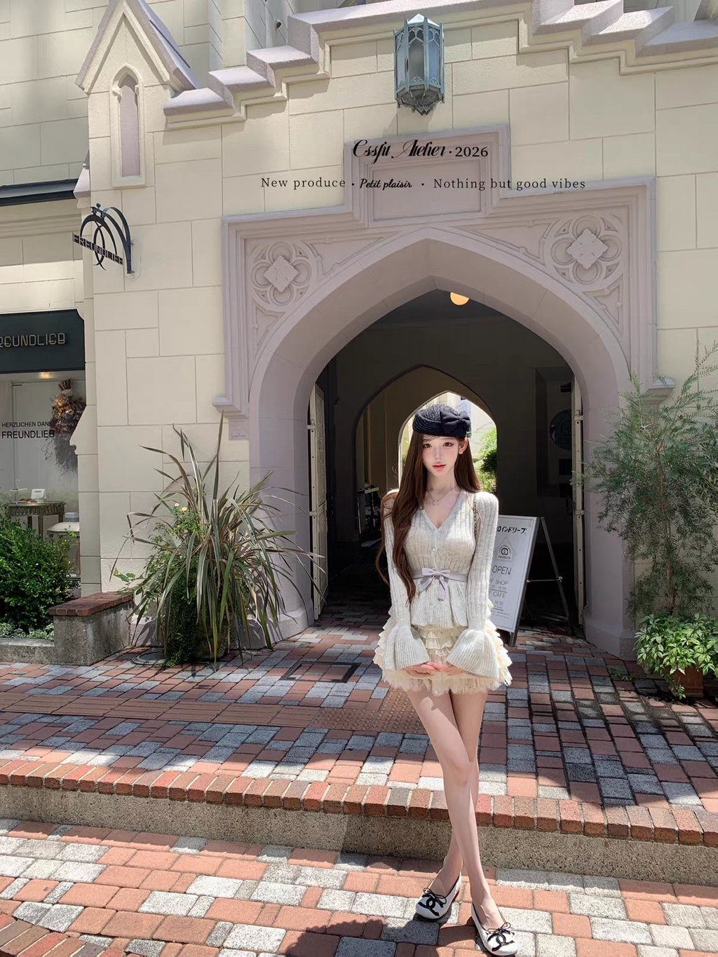 💕迷霧白茶喇叭袖針織衫蛋糕裙套裝