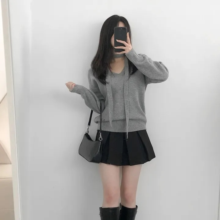 💕chic韓系簡約V領帶飄帶露肩針織百搭毛衣