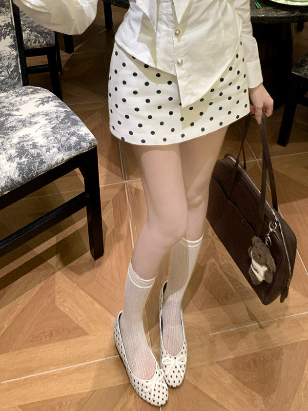 💕chic韓系一字領不規則上衣點點短裙套裝