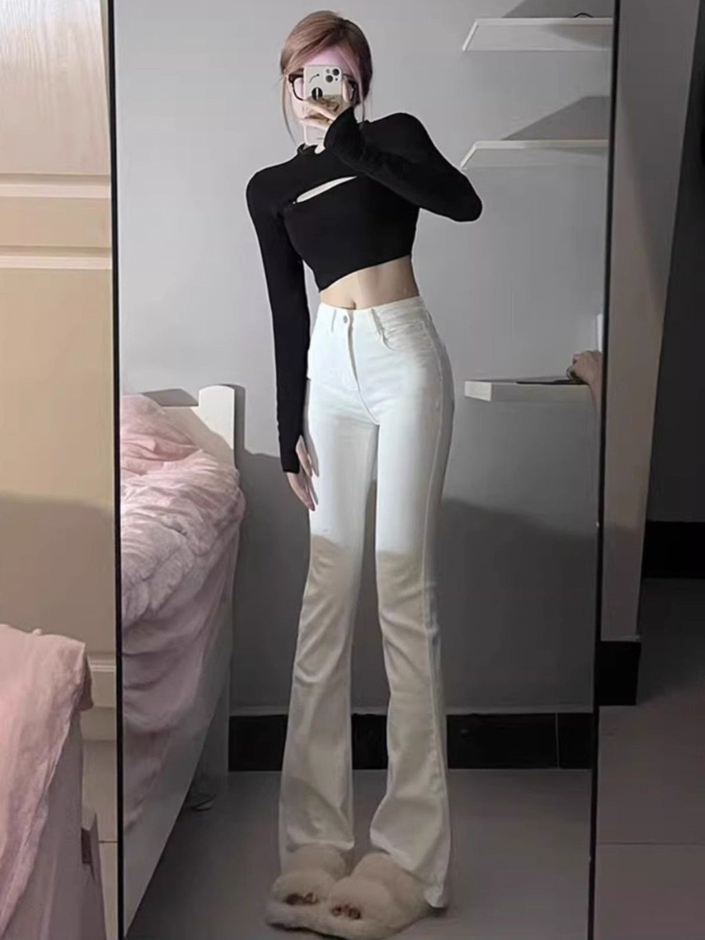 💕春夏白色顯瘦高腰喇叭牛仔褲