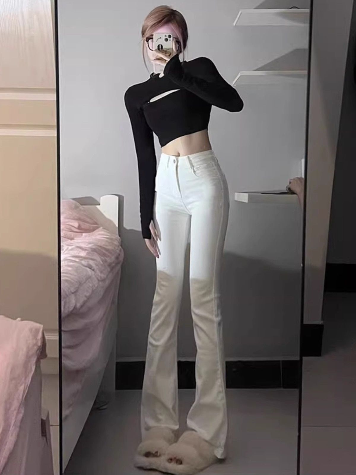 💕春夏白色顯瘦高腰喇叭牛仔褲