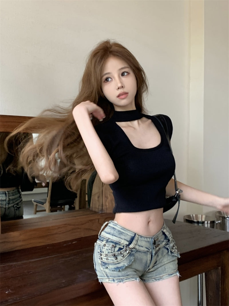💕美式復古辣妹掛脖修身顯瘦短款上衣