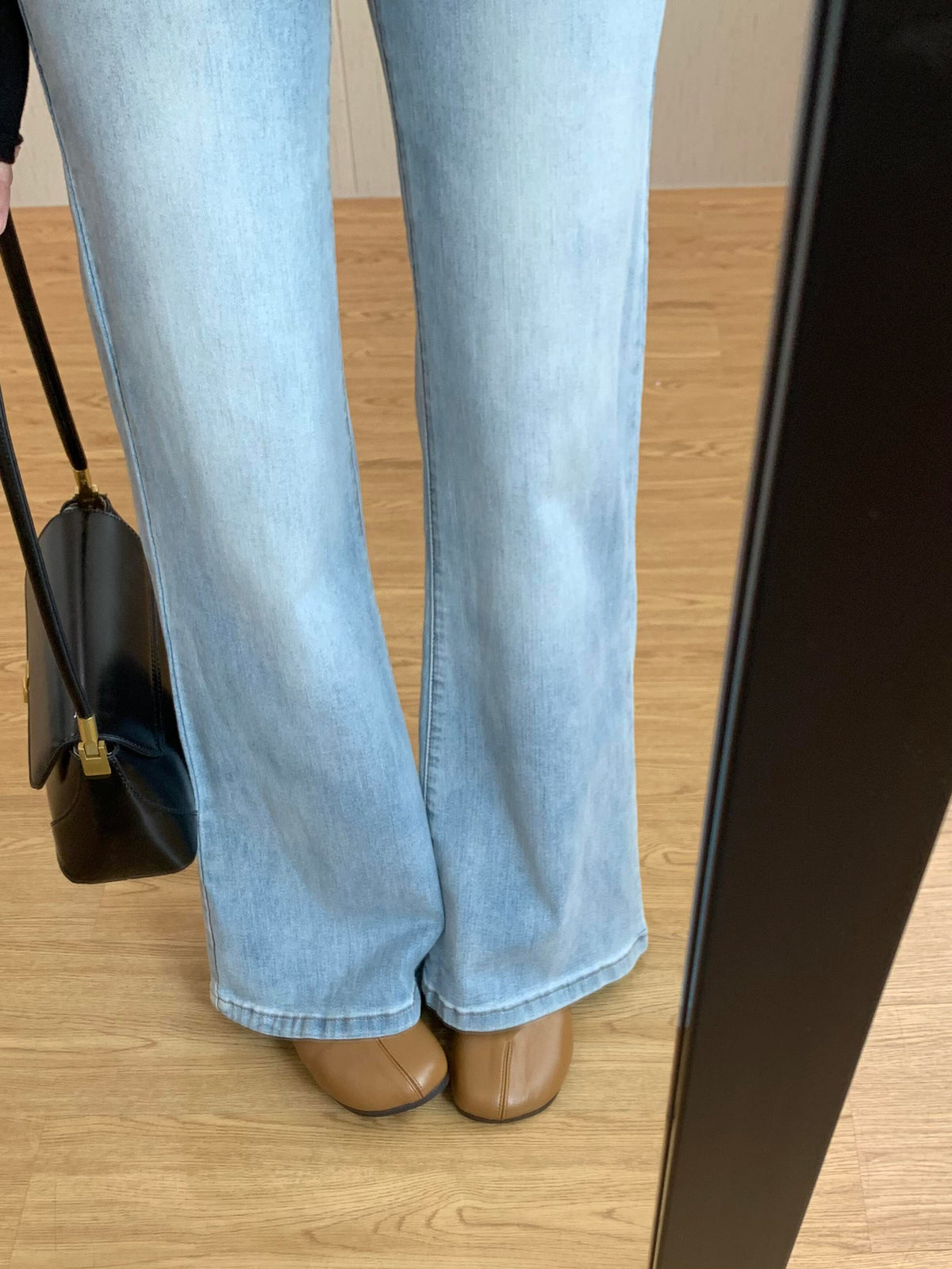 💕小個子淺藍色高腰微喇叭拖地牛仔長褲