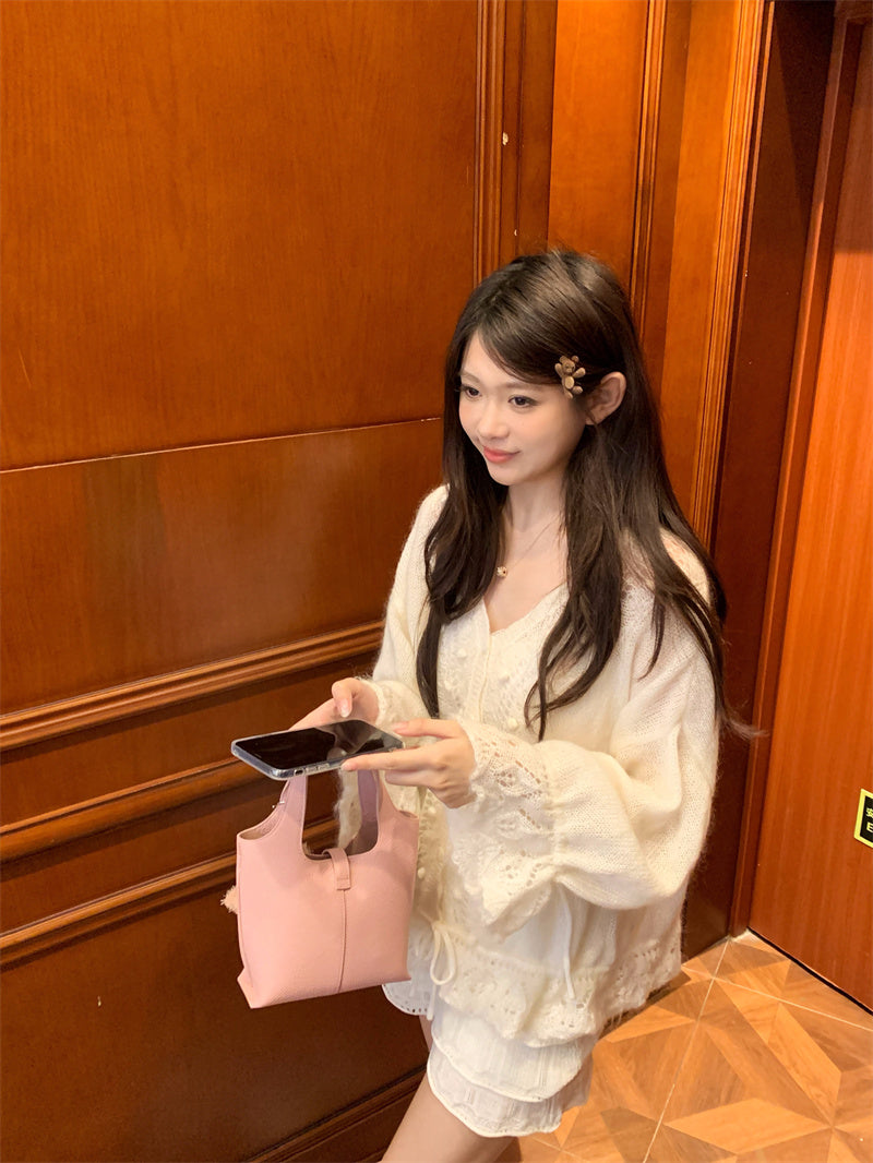 💕韓系重工連帽勾花慵懶針織開衫