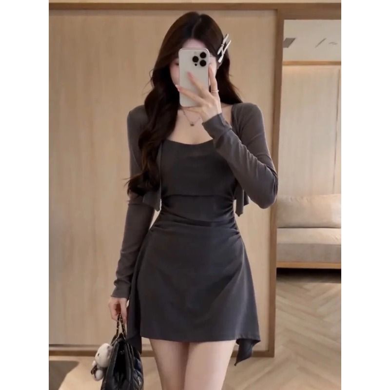 💕法式設計感腰吊帶絕美短裙套裝