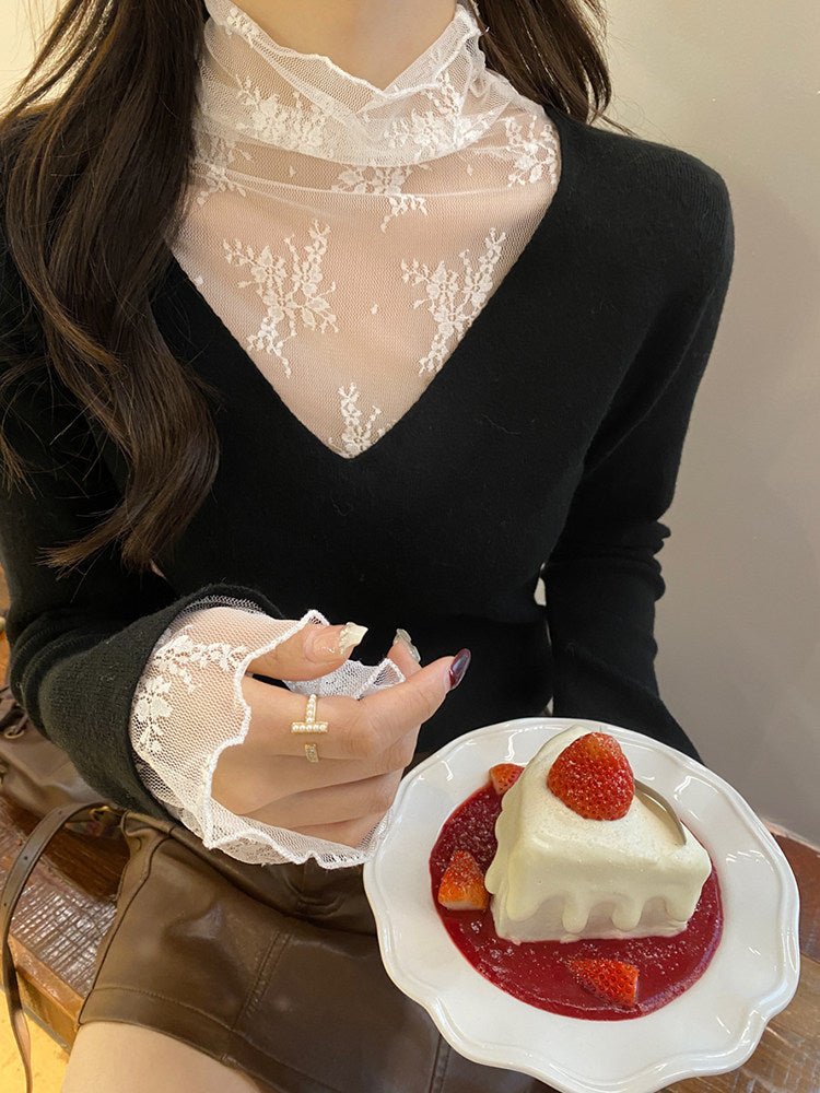 💕白色V領假兩件蕾絲打底衫上衣