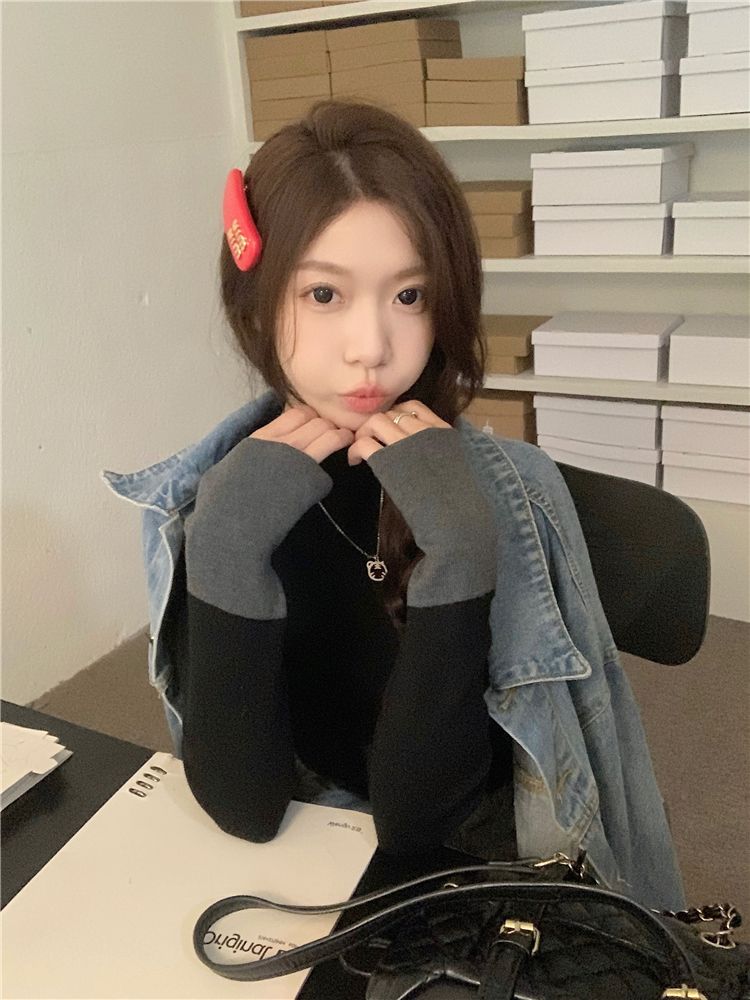 💕通勤百搭撞色長袖針織修身打底上衣
