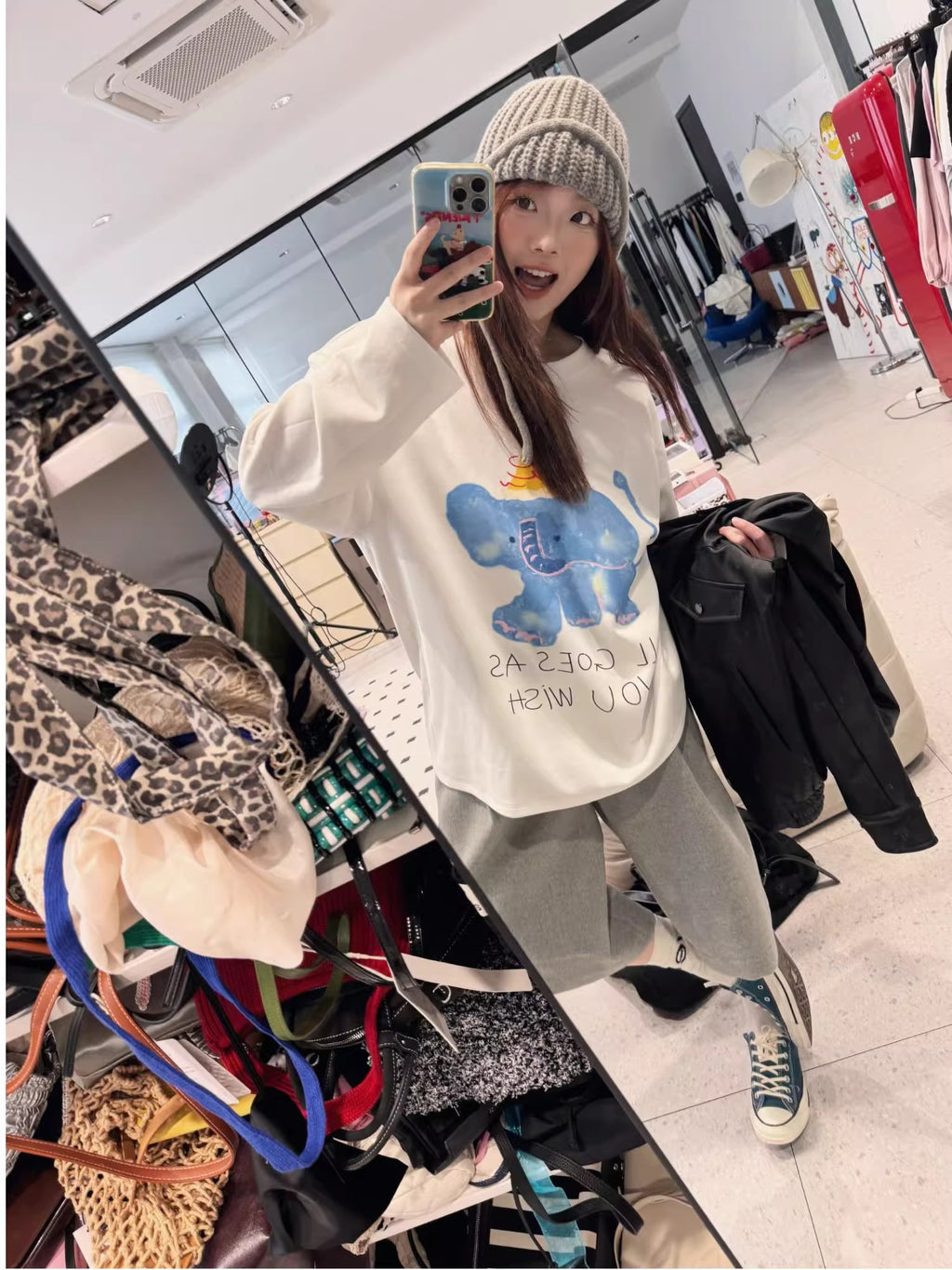 💕chic韓系春秋大象印花簡約T袖