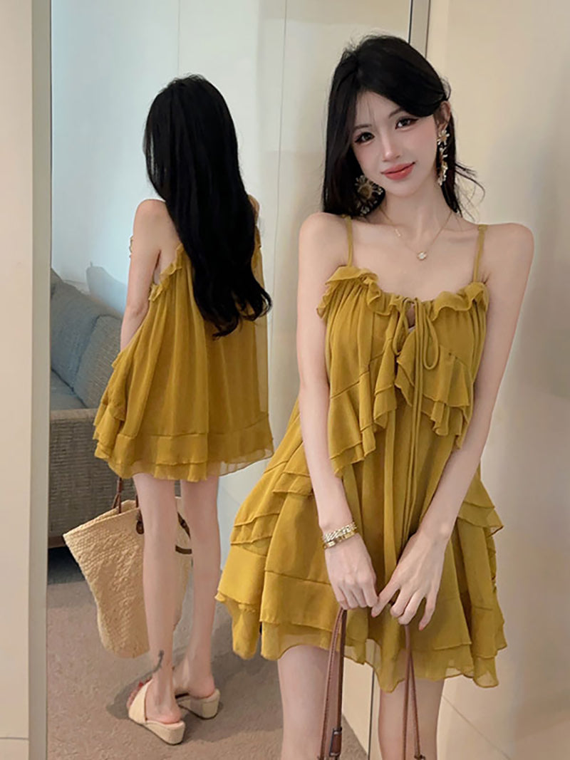 💕氣質重工吊帶荷葉邊不規則連衣裙