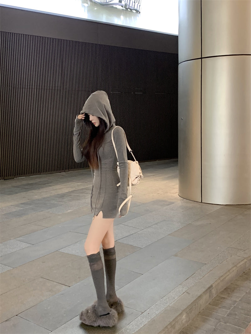 💕秋款連帽長袖收腰緊身包臀裙