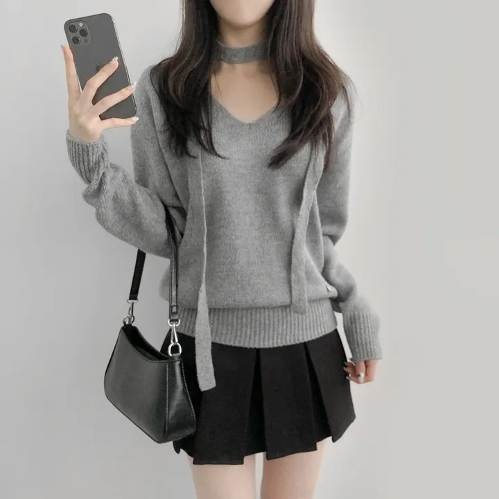 💕chic韓系簡約V領帶飄帶露肩針織百搭毛衣