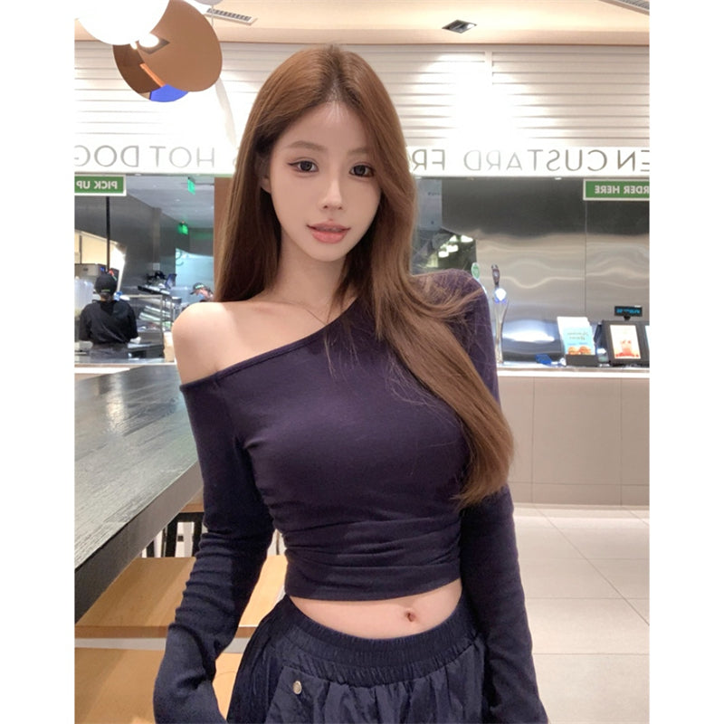 💕簡約通勤絕美基礎款斜肩磨毛上衣