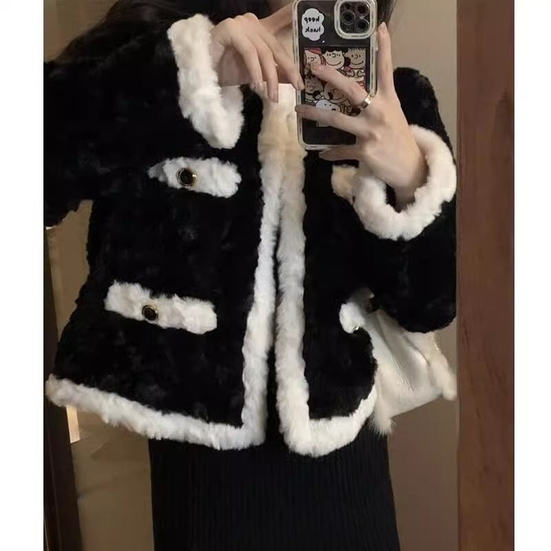 💕韓系毛茸茸黑色羊羔毛絨外套