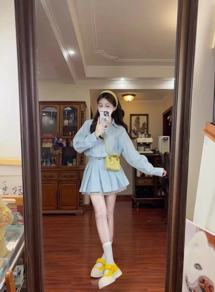 💕春夏小個子收腰有腰帶條紋襯衫連身裙