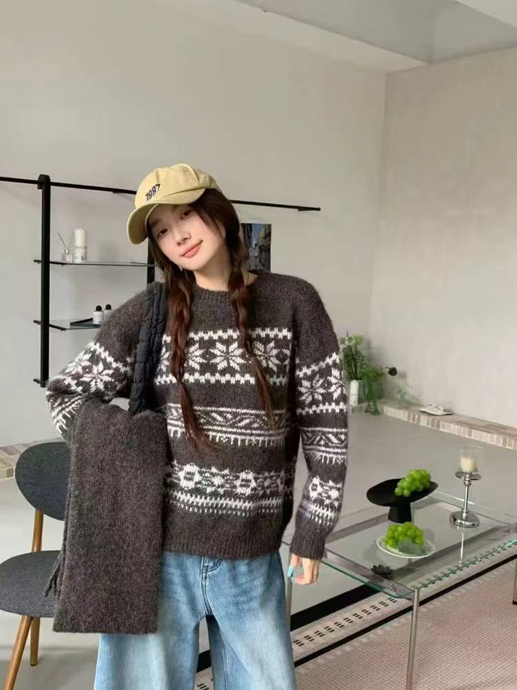💕韓系圓領復古緹花拚色軟糯針織帶圍巾打底毛衣