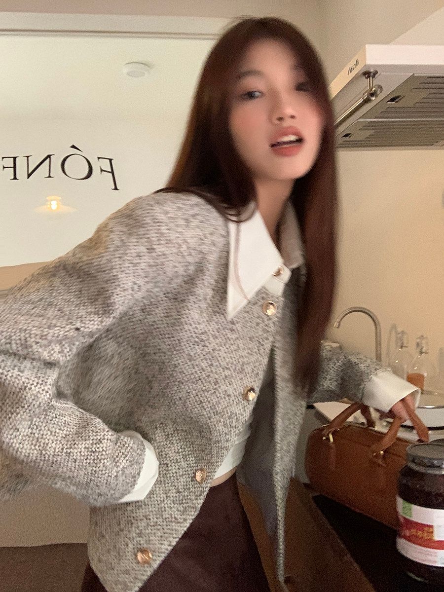💕韓系秋冬假兩件拼接小香風加墊肩外套