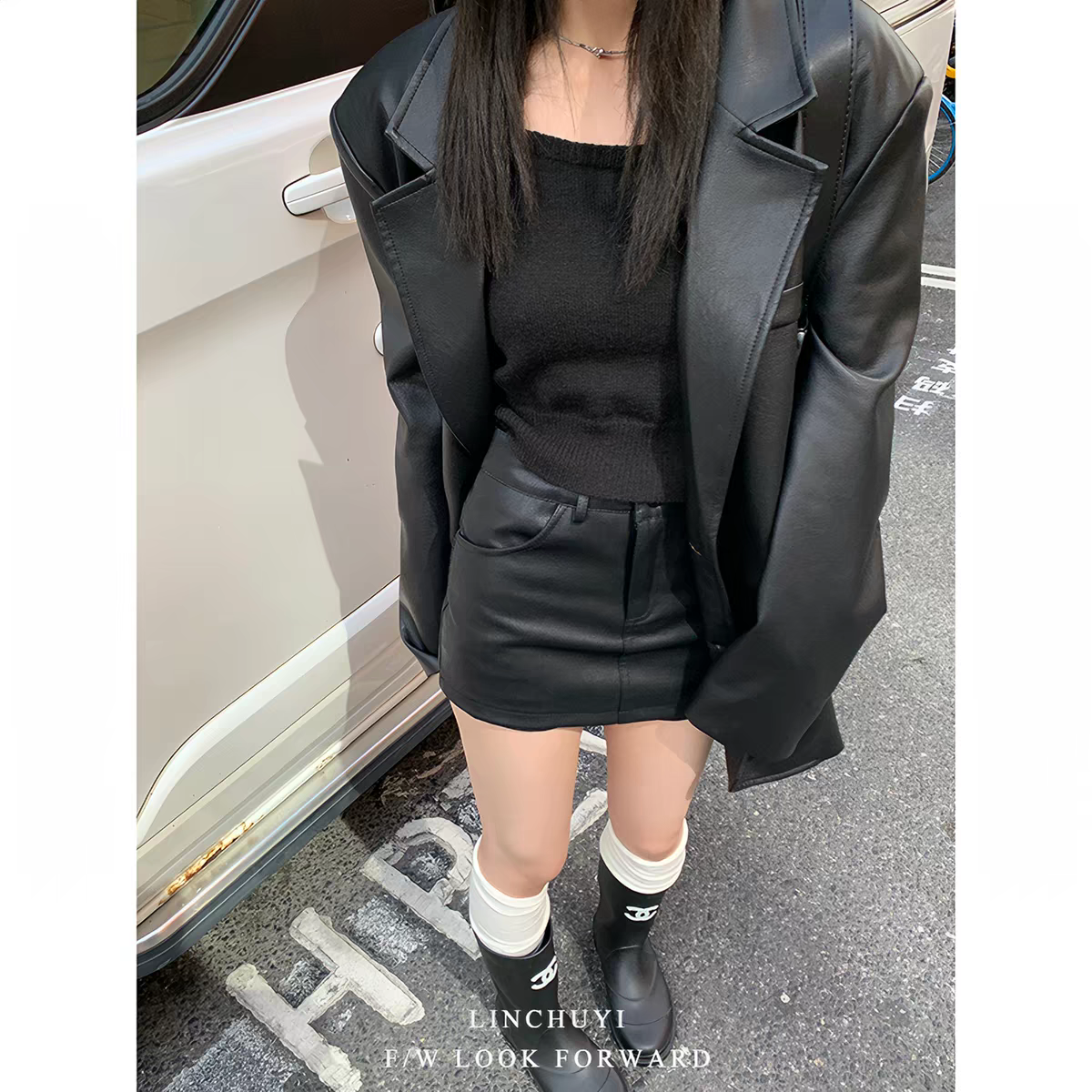 💕秋冬必備黑色高腰顯瘦皮短裙