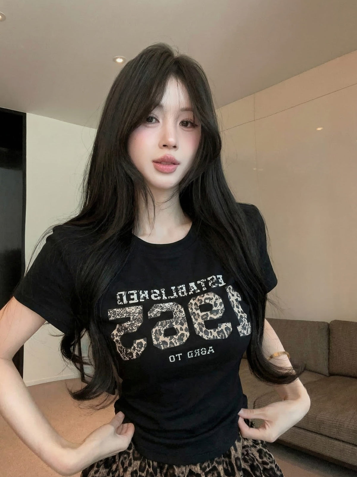 💕夏季豹紋印花圓領百搭短袖上衣