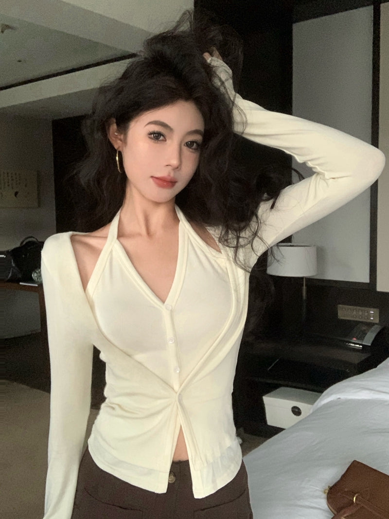 💕秋冬性感吊帶掛脖顯瘦假兩件打底上衣