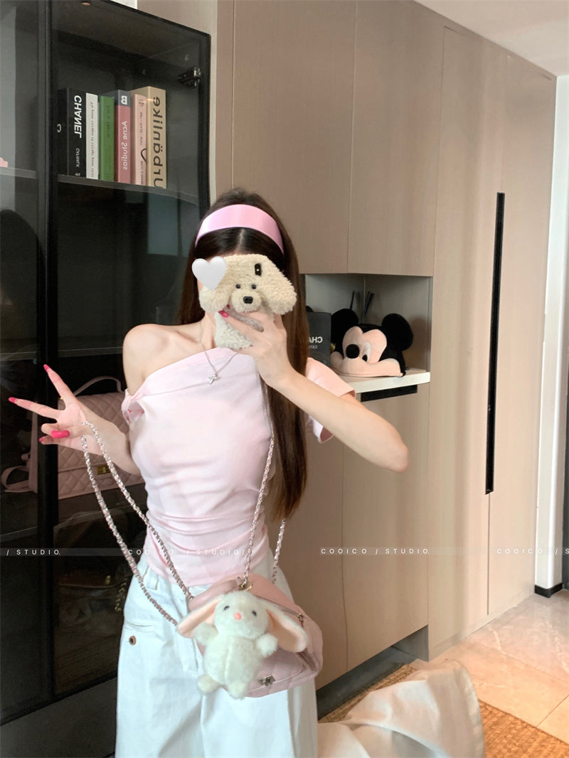 💕粉色短袖簡約斜肩T袖上衣