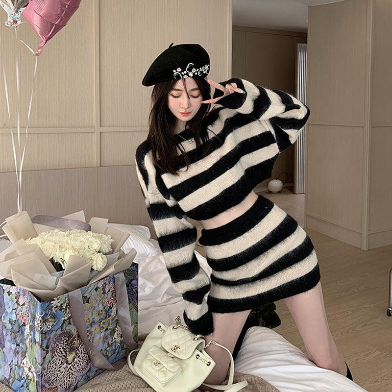 💕秋冬羊毛撞色條紋半身裙套裝