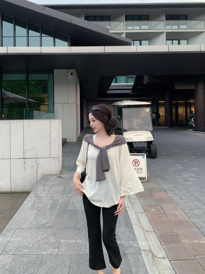 💕百搭條紋披肩深U領中袖T袖+七分微喇叭瑜珈褲