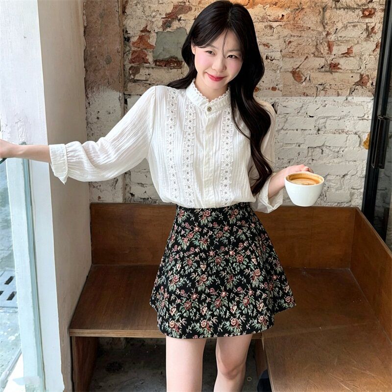 💕法式泡泡袖襯衫碎花半身裙小個子兩件套