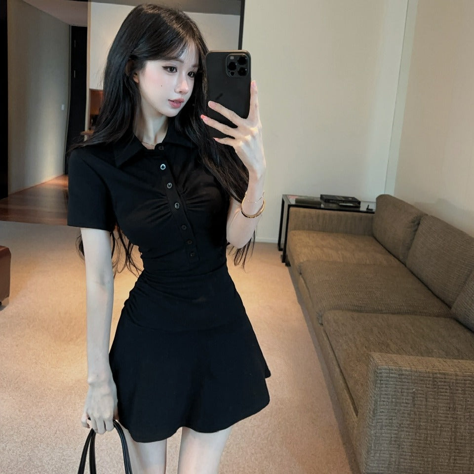 💕顯瘦百搭翻領收腰黑色翻領短袖大擺連衣裙
