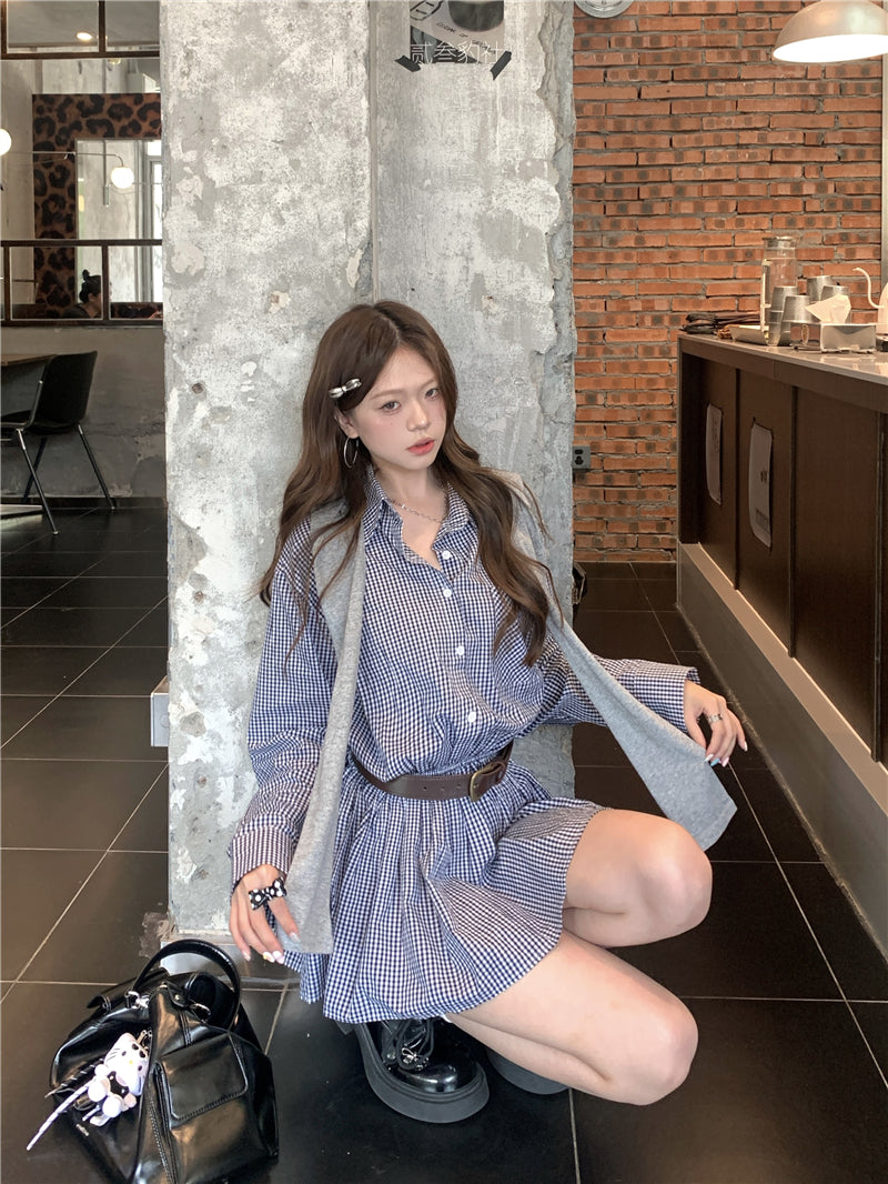 💕韓系格子襯衫連衣裙+連帽披肩配腰帶