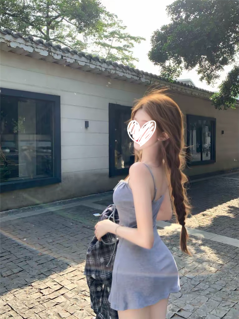 💕ins系慵懶假日格子襯衫吊帶連衣裙