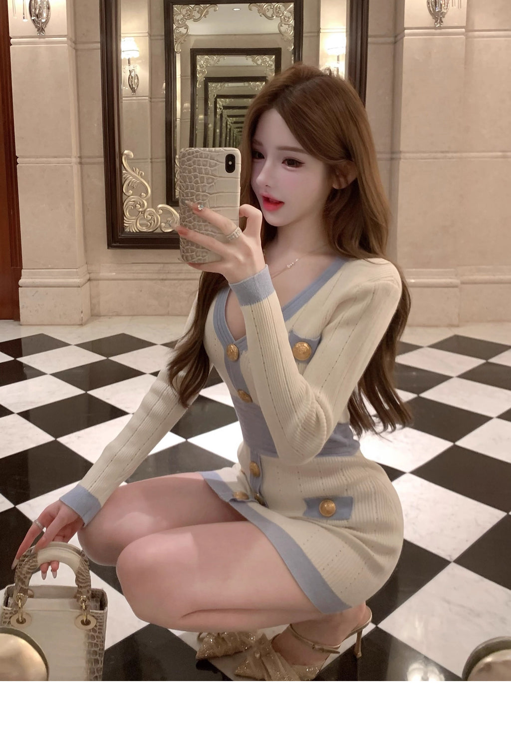 💕韓系針織千金小個子OL風連衣包臀裙