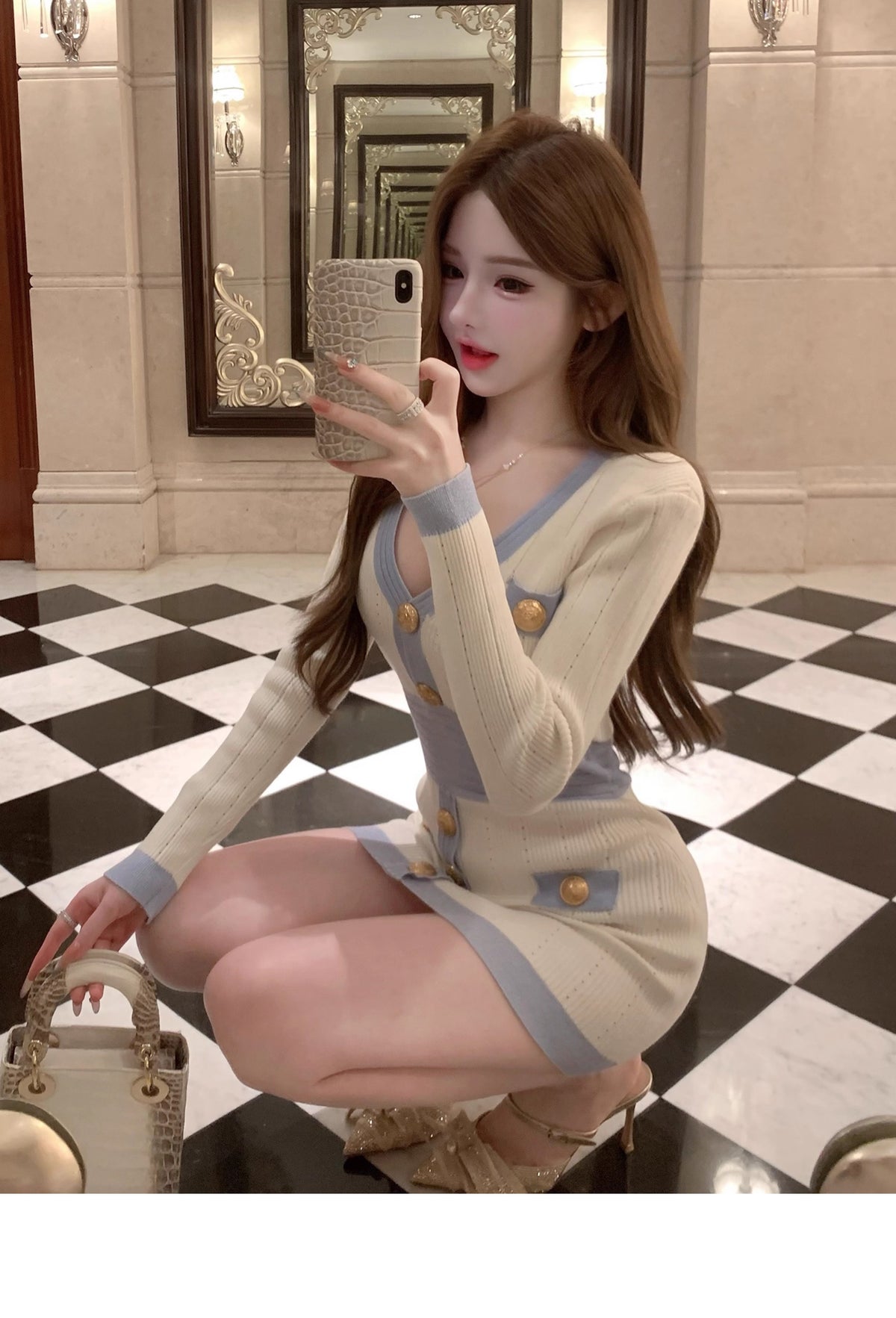 💕韓系針織千金小個子OL風連衣包臀裙