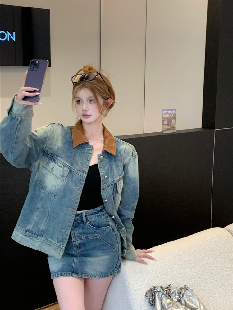 💕辣妹風牛仔外套配高腰牛仔短裙兩件套