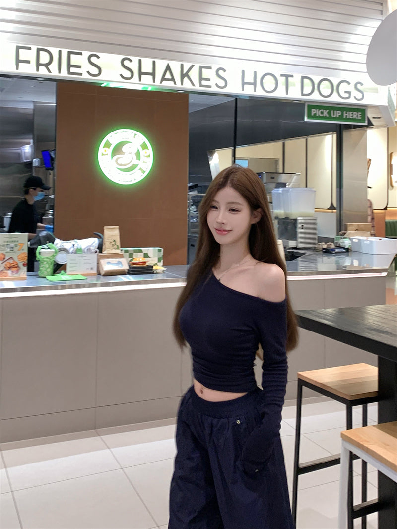 💕簡約通勤絕美基礎款斜肩磨毛上衣