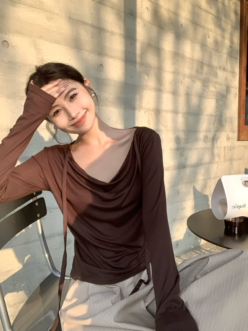 💕春夏甜美溫柔舒適盪領飄帶長袖上衣
