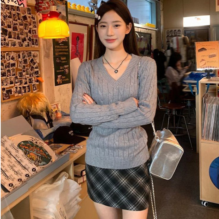 💕韓系慵懶風V領麻花加厚寬鬆毛衣
