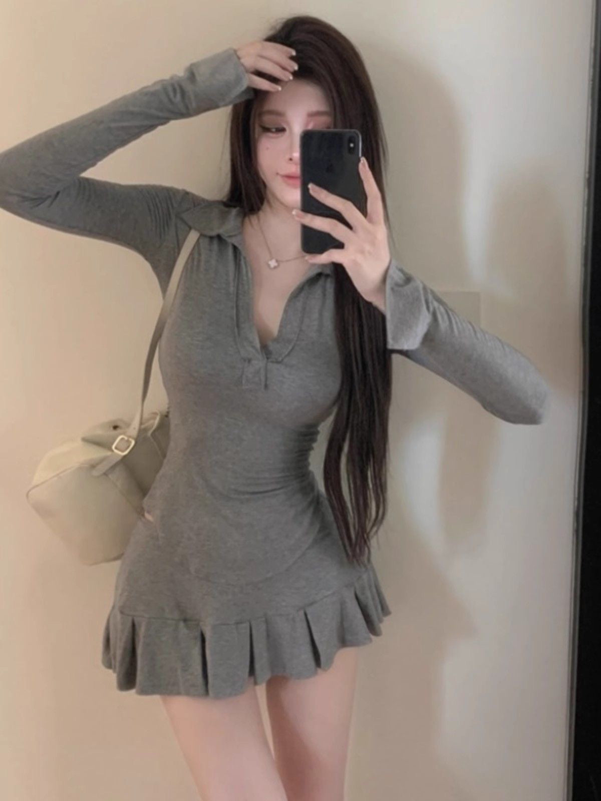 💕氣質百搭深V領收腰顯瘦高腰百褶裙兩件套