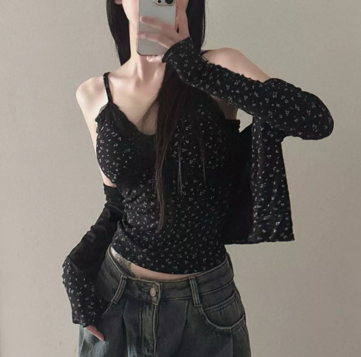 💕溫柔清純碎花蕾絲拼接吊帶上衣