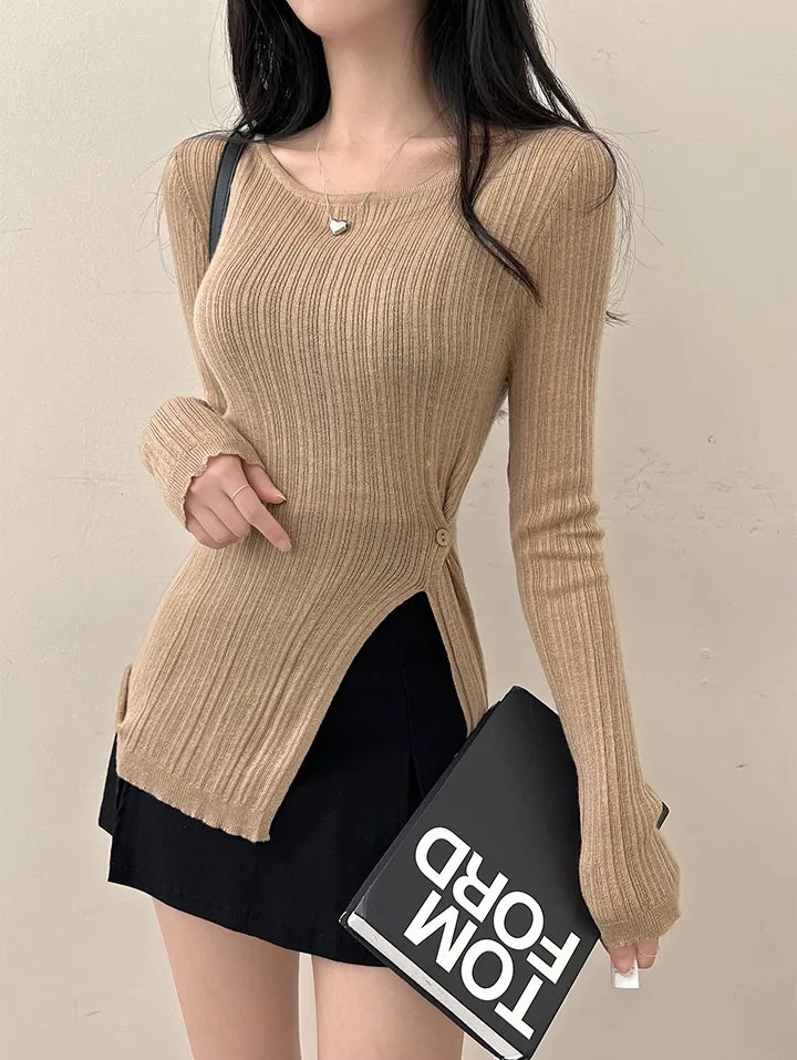 💕韓系春秋顯瘦設計感收腰開衩長袖上衣