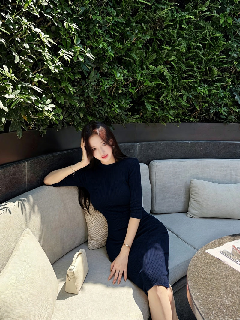 💕溫柔優雅氣質中袖修身包臀中長針織裙