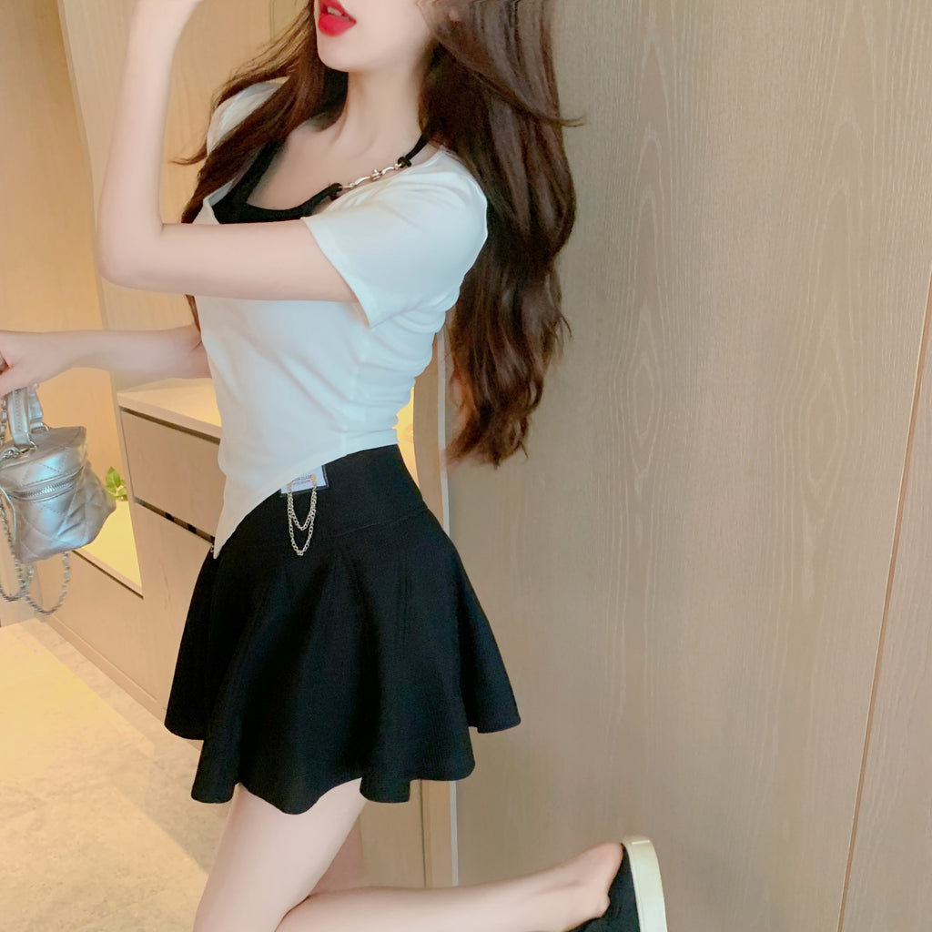 💕設計感掛脖假兩件不規則顯瘦上衣